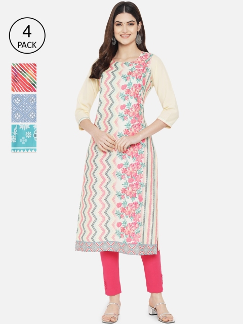 

Ethnic basket Women Set Of 4 Cream-Coloured & Pink Floral Printed Crepe Kurta