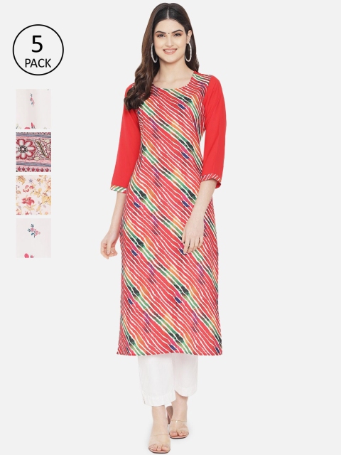 

Ethnic basket Women Pack of 5 Digital Printed Crepe Kurta, Red