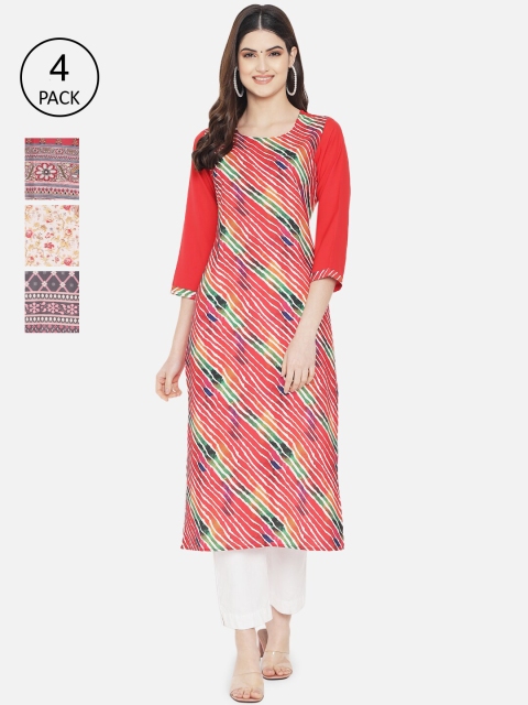 

Ethnic basket Women Pack Of 4 Red & Navy Blue Ethnic Motifs Printed Crepe Kurta