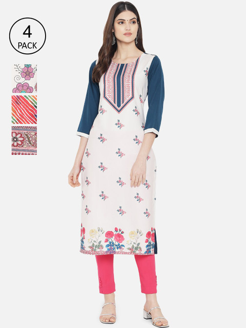 

Ethnic basket Women Set Of 4 Red & White Floral Printed Crepe Kurta
