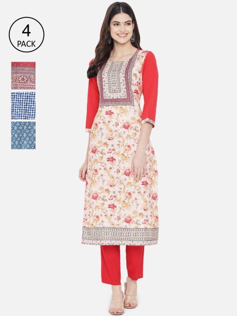 

Ethnic basket Women Set Of 4 Red & Beige Floral Printed Crepe Kurta