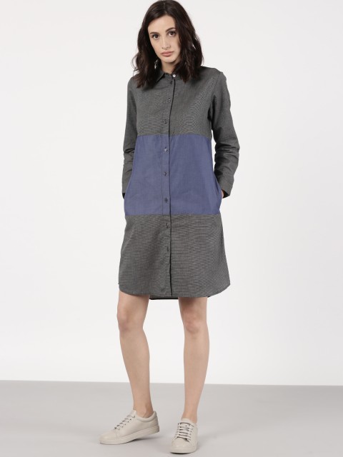 

ether Women Grey & Blue Colourblocked Chambray Shirt Dress