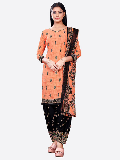 

SALWAR STUDIO Orange & Black Printed Unstitched Dress Material