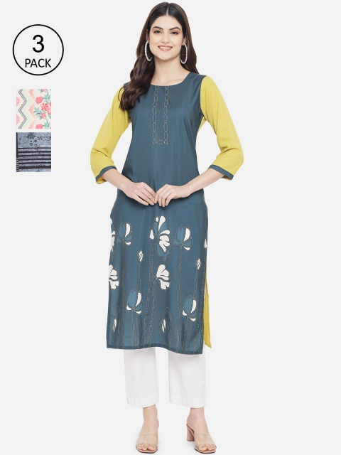 

Ethnic basket Women Pack of 3 Ethnic Motifs Printed Crepe Kurta, White