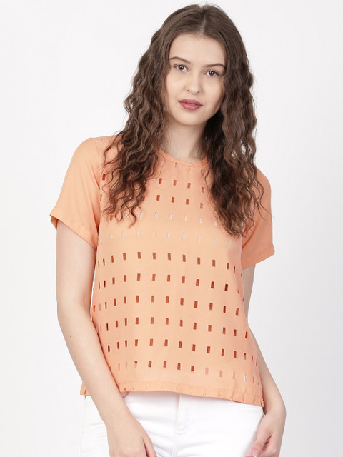 

ether Women Coral Orange Solid Sheer Cut-Out Top