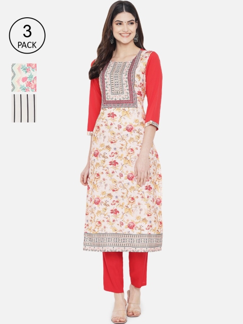 

Ethnic basket Women White & Black Printed Flared Sleeves Crepe Kurta Set Of 3