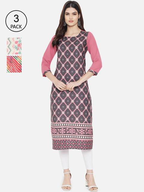 

Ethnic basket Women Pack of 3 Printed Crepe Kurta, Multi