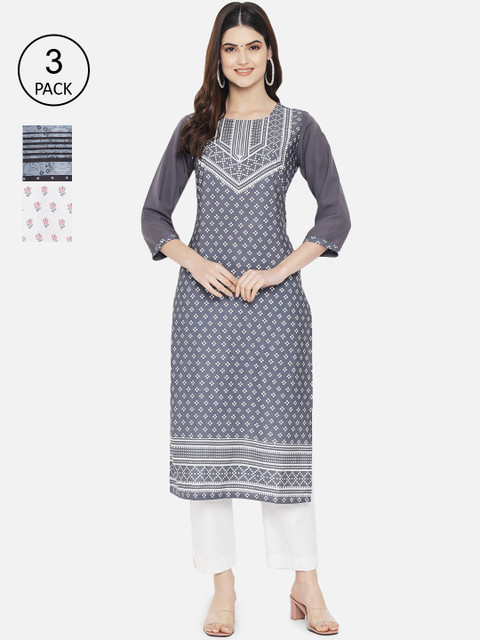 

Ethnic basket Women Grey & White Pack Of 3 Floral Printed Kurta
