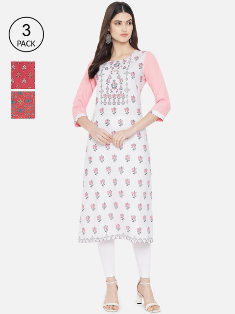 

Ethnic basket Women Pack Of 3 Multicoloured Ethnic Motifs Printed Crepe Kurta, Multi