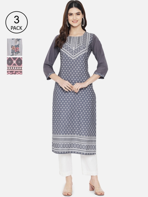 

Ethnic basket Women Pack of 3 Digital Printed Straight Kurtas, Grey