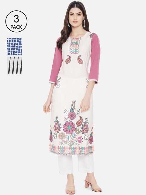 

Ethnic basket Women Set Of 3 Black & White Floral Printed Crepe Kurta