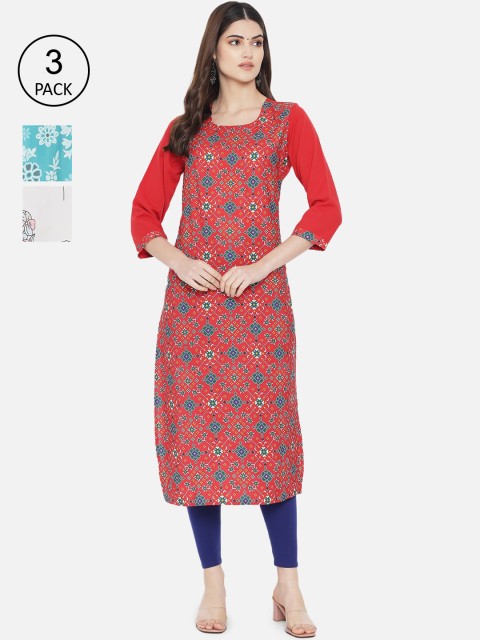 

Ethnic basket Women Pack of 3 Digital Printed Crepe Kurta, White