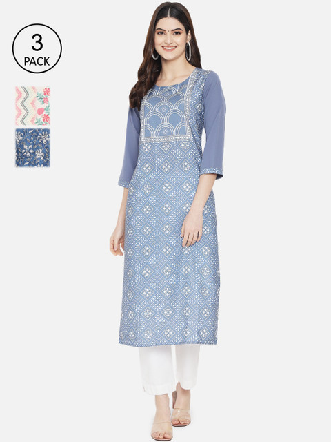 

Ethnic basket Women Blue & White Geometric Printed Crepe Kurta Set Of 3