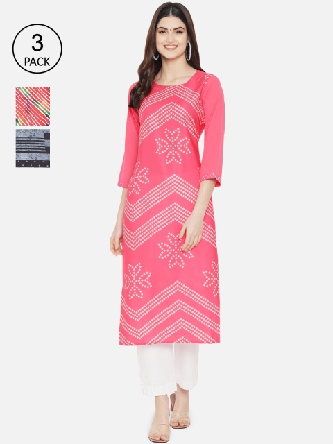 

Ethnic basket Women Pack of 3 Multicoloured Geometric Printed Crepe Kurta, Multi