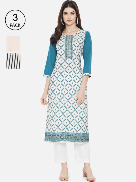 

Ethnic basket Women Pack of 3 Ethnic Motifs Printed Crepe Kurta, Blue