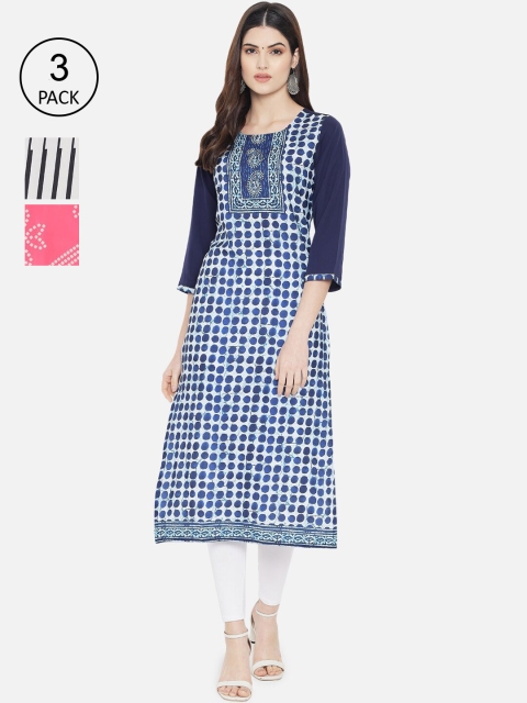 

Ethnic basket Women Set Of 3 Blue & Pink Geometric Printed Crepe Kurta