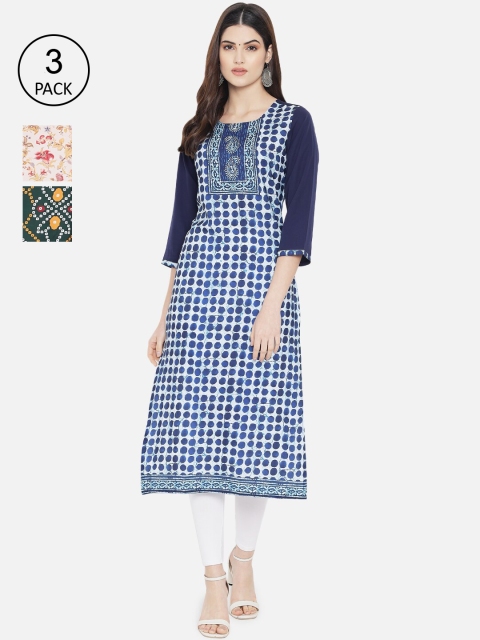 

Ethnic basket Women Pack Of 3 Blue & Green Ethnic Motifs Printed Crepe Kurta
