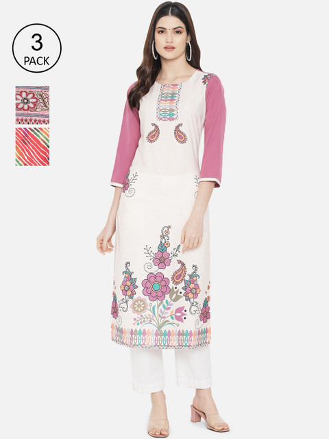 

Ethnic basket Women Pack Of 3 Multicoloured Ethnic Motifs Printed Crepe Kurta, Multi