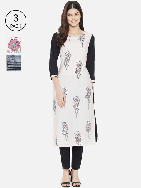 

Ethnic basket Women Pack Of 3 Multicoloured Ethnic Motifs Printed Crepe Kurta, Multi