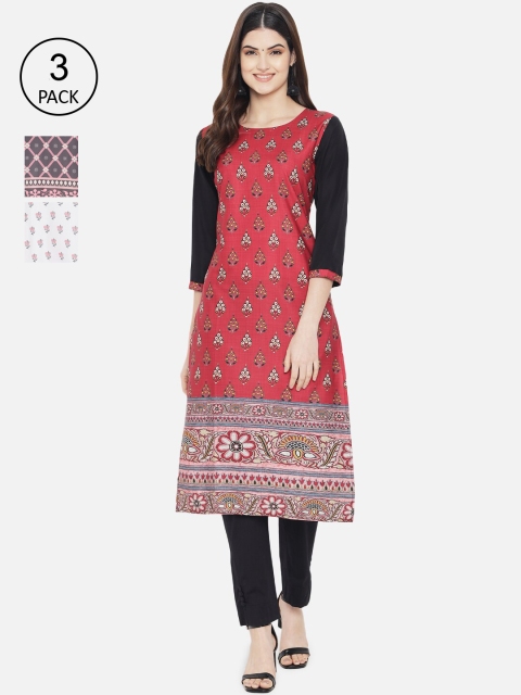 

Ethnic basket Women Pack of 3 Ethnic Motifs Printed Crepe Kurta, Red