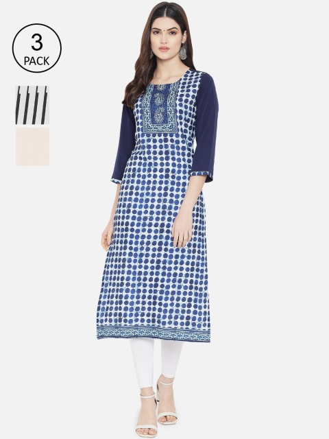 

Ethnic basket Women Pack Of 3 Navy Blue & Black Digital Printed Crepe Kurtas