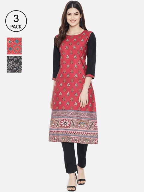 

Ethnic basket Women Red & Black Ethnic Motifs Printed Crepe Kurta Set Of 3