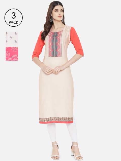 

Ethnic basket Women Set Of 3 Cream-Coloured & Pink Floral Printed Crepe Kurta