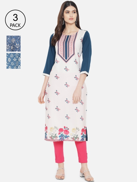 

Ethnic basket Women Set of 3 Blue & Pink Floral Printed Crepe Kurta