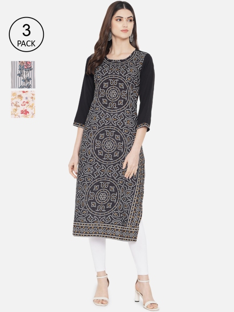 

Ethnic basket Women Pack Of 3 Black & Red Ethnic Motifs Printed Crepe Kurta