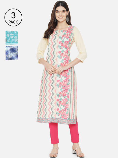 

Ethnic basket Women Pack of 3 White & Turquoise Blue Ethnic Motifs Printed Crepe Kurtas