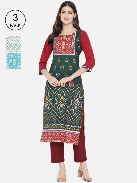 

Ethnic basket Women Pack Of 3 Bandhani Kurtas, Green