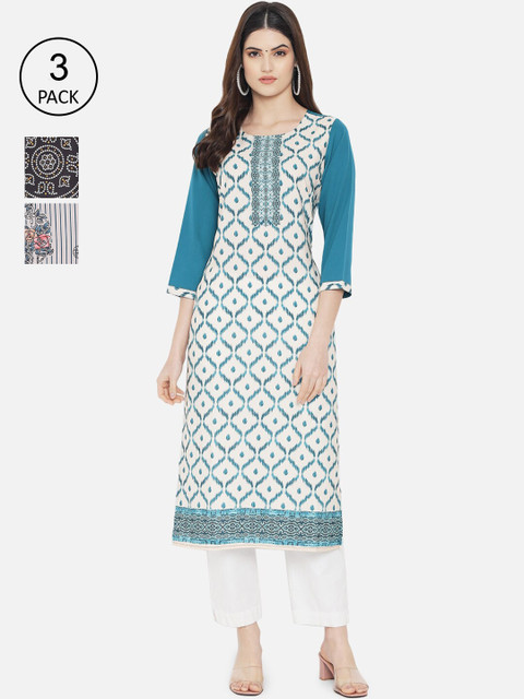 

Ethnic basket Women White & Black Pack Of 3 Ethnic Motifs Printed Kurta