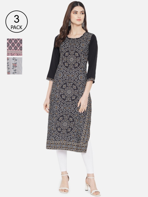 

Ethnic basket Women Black & Blue Pack of 3 Ethnic Motifs Printed Crepe Kurta