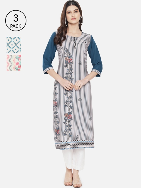 

Ethnic Basket Women Pack Of 3 Multicoloured Digital Print Straight Kurtas, Multi