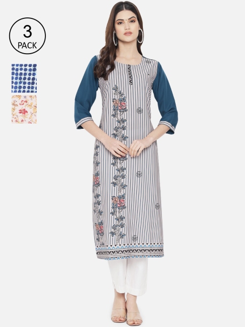 

Ethnic basket Women Pack of 3 Digital Printed Crepe Kurta, Blue