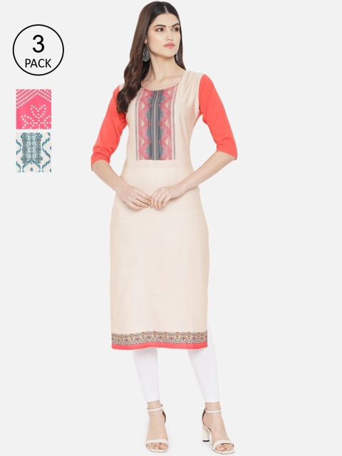 

Ethnic basket Women Multicoloured Set of 3 Geometric Printed Crepe Kurta, Multi