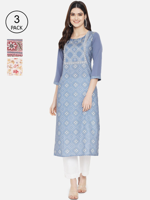 

Ethnic basket Women Multicoloured Set of 3 Floral Printed Crepe Kurta, Multi