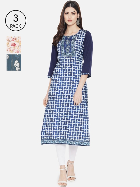 

Ethnic basket Women Pack of 3 Digital Printed Crepe Kurta, Navy blue