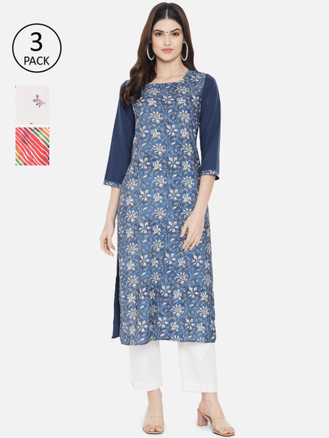 

Ethnic basket Women Pack of 3 Digital Printed Crepe Kurta, White