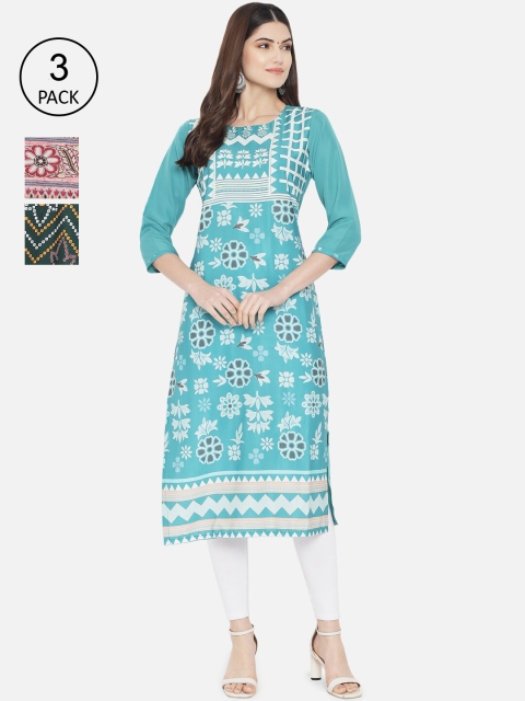 

Ethnic basket Women Pack of 3 Digital Printed Crepe Kurta, Blue