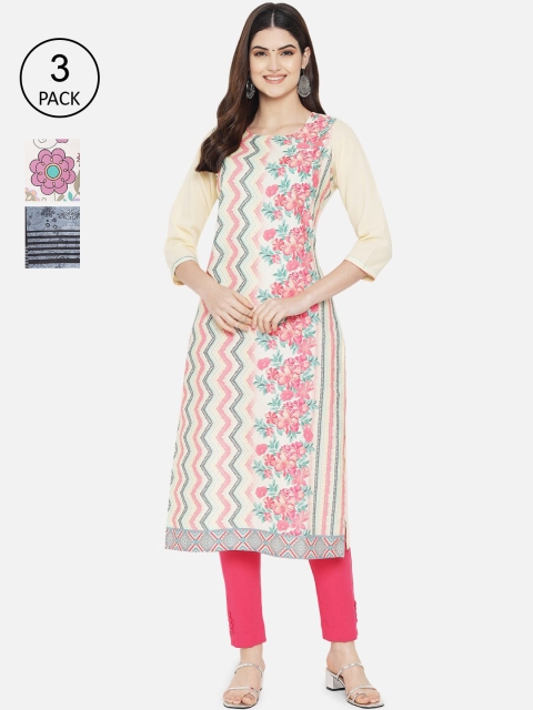 

Ethnic basket Women Pack of 3 Digital Printed Straight Kurtas, Cream