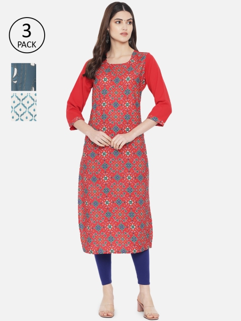 

Ethnic basket Women Red & Blue Ethnic Motifs Printed Crepe Kurta Set Of 3