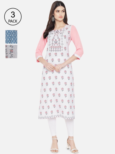 

Ethnic basket Women Pack Of 3 White & Blue Ethnic Motifs Printed Crepe Kurta