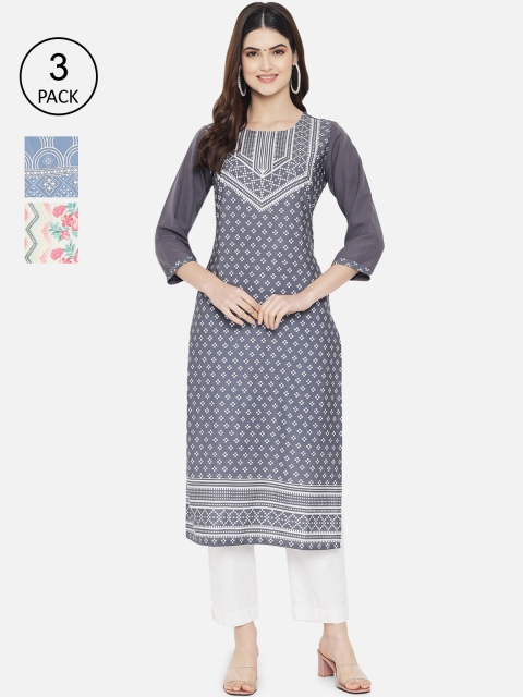 

Ethnic basket Women Pack Of 3 Straight Kurtas, Grey