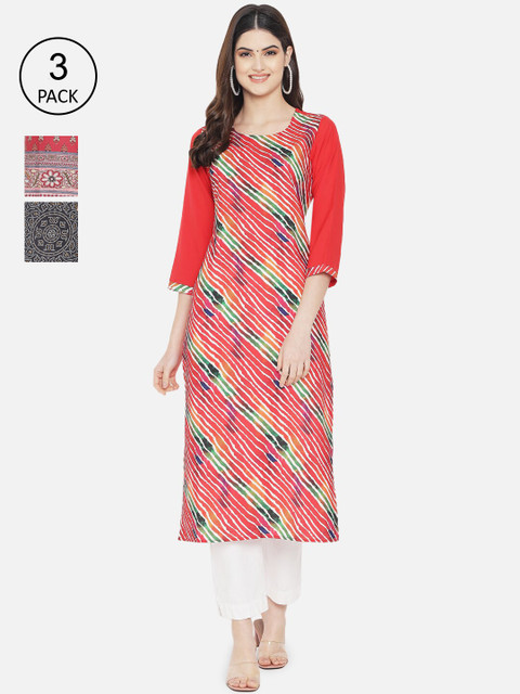 

Ethnic basket Women Multicoloured Set of 3 Ethnic Motifs Printed Crepe Kurta, Multi