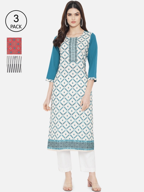 

Ethnic basket Women Pack of 3 Digital Printed Crepe Kurta, White