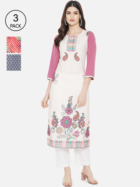 

Ethnic basket Women Pack Of 3 Multi Ethnic Motifs Printed Crepe Kurta