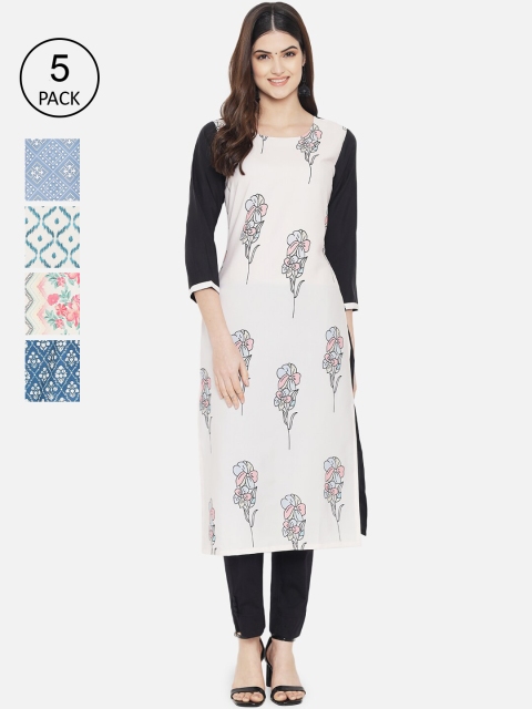 

Ethnic basket Women Pack of 5 Ethnic Motifs Printed Crepe Kurta, White