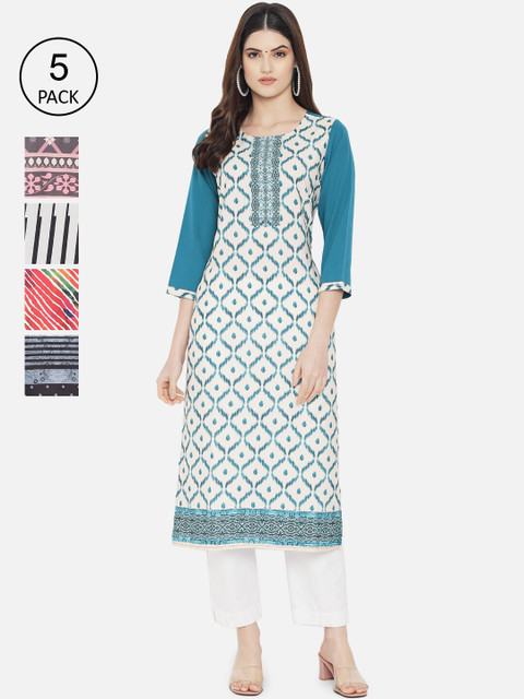 

Ethnic basket Women Pack of 5 Multicoloured Printed Crepe Straight Kurta, Multi