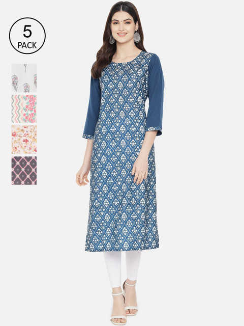 

Ethnic basket Women Pack of 5 Crepe Kurta, Blue